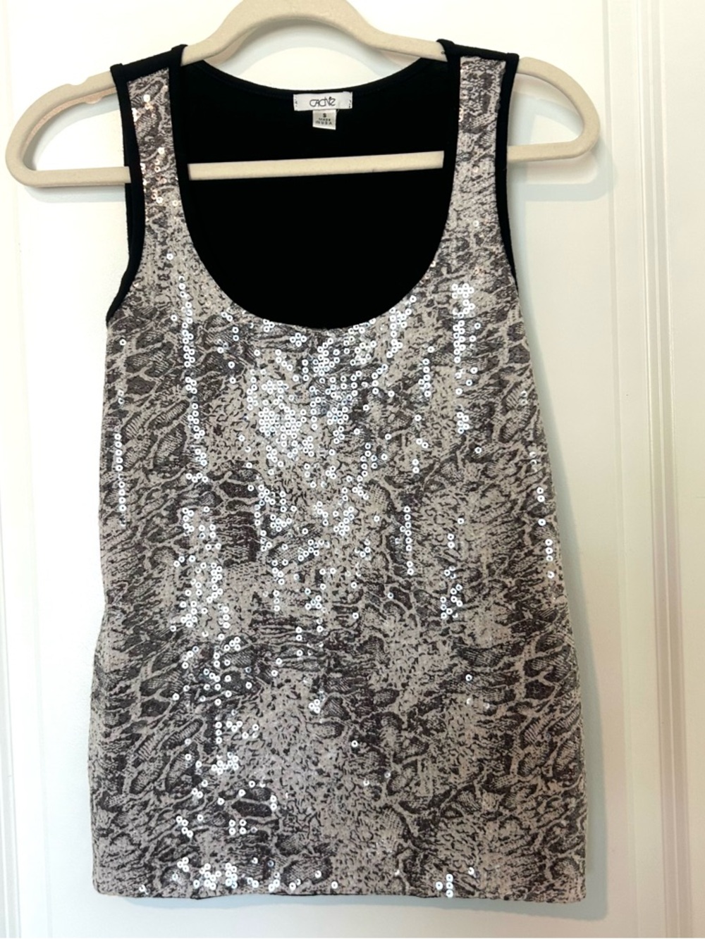 Cache Top Women S Silver Black Sequin Snake Print Sleeveless Shell Layer Y2K Art